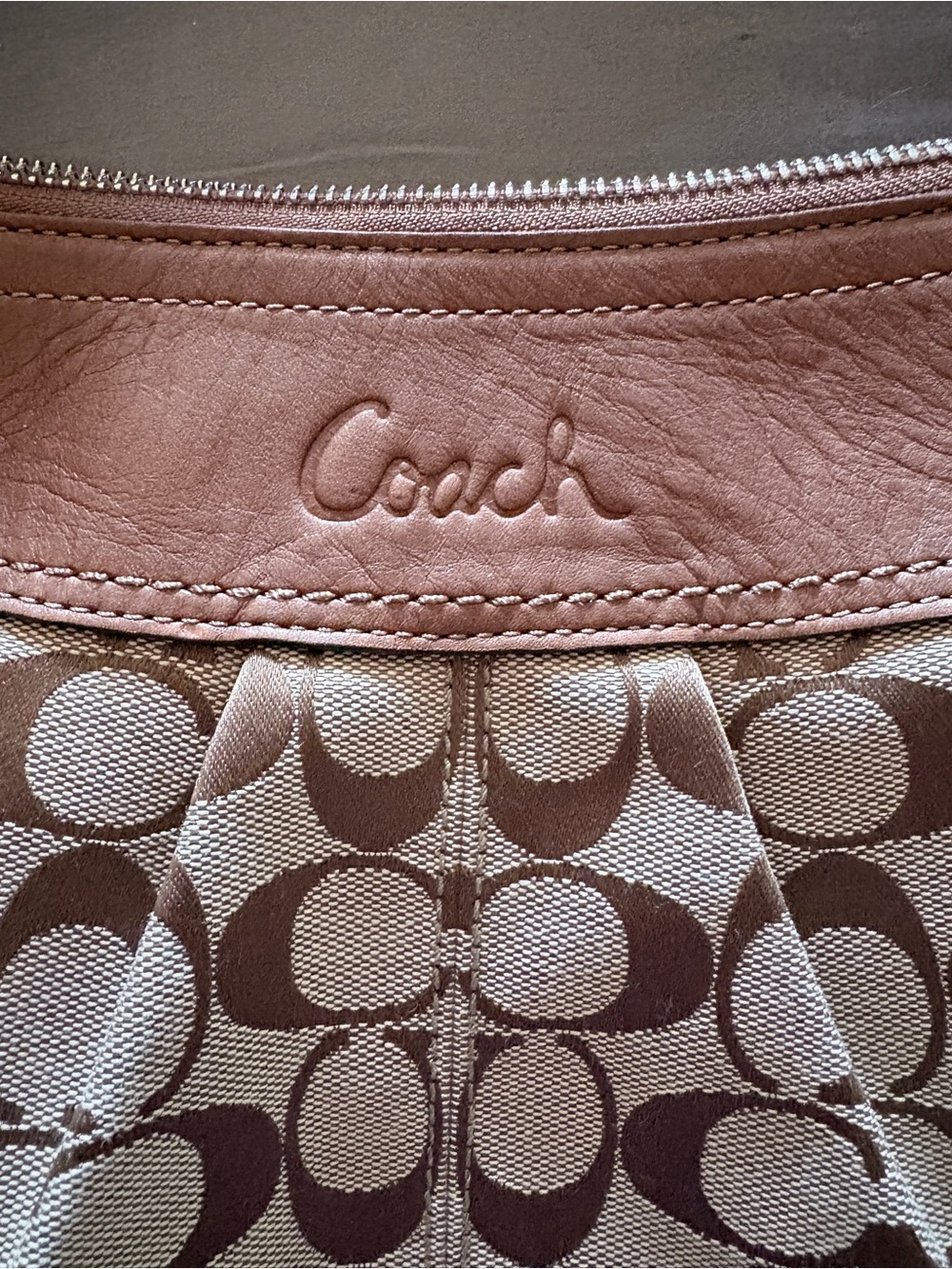 Coach Signature Jacquard Hobo Shoulder Bag Brown Leather Large 18” - Picture 3 of 5
